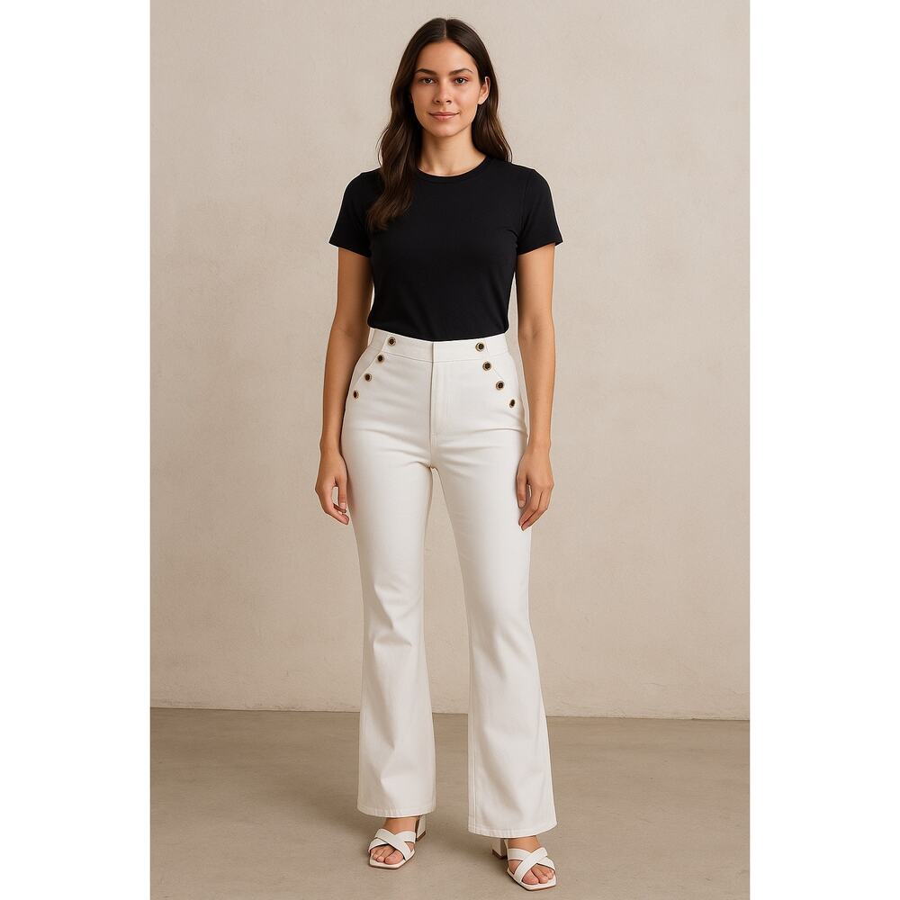 Slim Flare White Sailor Pants with Gold Button Detail Women’s Size 6